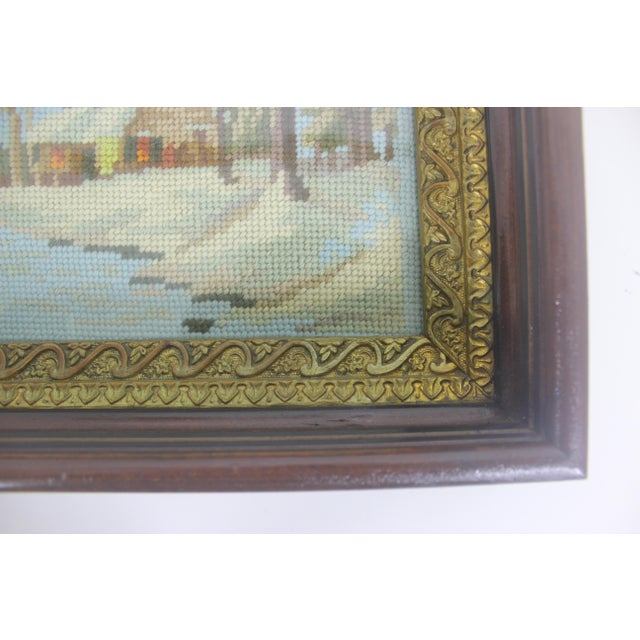 Early 20th Century Needlepoint in Antique Wood Frame With Giltwood Cottagecore Country Style Embroidered Picture For Sale - Image 6 of 10