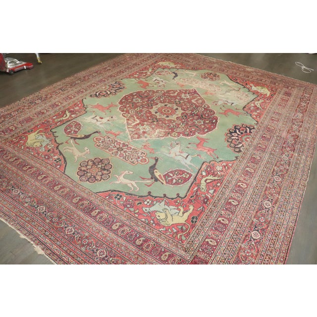 Green Green Hunting Animal Doroksh Persian Distressed Rug , 10'2'' X 12'10'' For Sale - Image 8 of 15