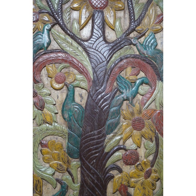 1920s Vintage Hand-Carved Tree of Life Door Panel – Colorful Spiritual Wall Art / Sliding Barn Door 84x36 For Sale - Image 5 of 7
