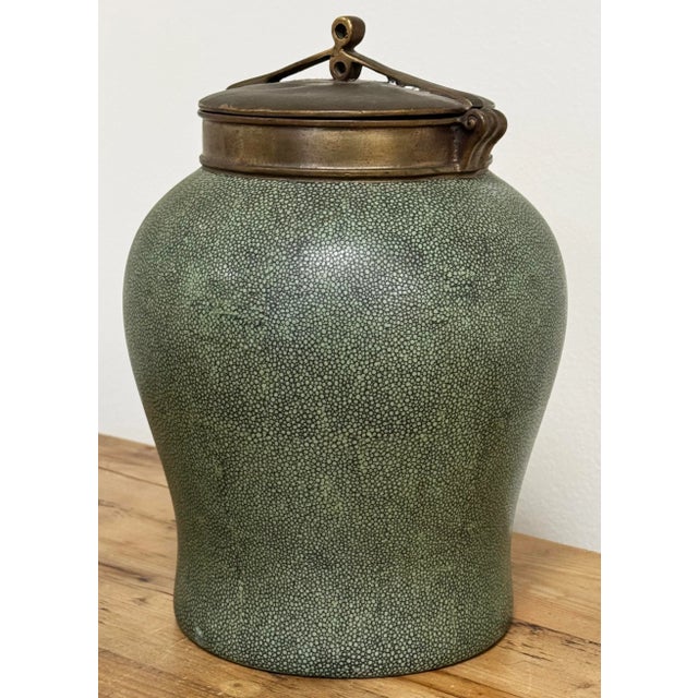Tozai Home Brass Lidded Faux Shagreen Temple Jar For Sale - Image 4 of 11