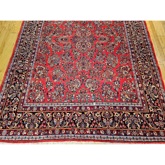 Antique Persian Sarouk Area Rug, Hand-Knotted Wool, Allover Floral Pattern, 9x11, Red & Navy For Sale - Image 9 of 16