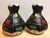 A pair of small mid century abstract vases by Brentleigh Ware. Features black body with raised, textured white, gold, red,...