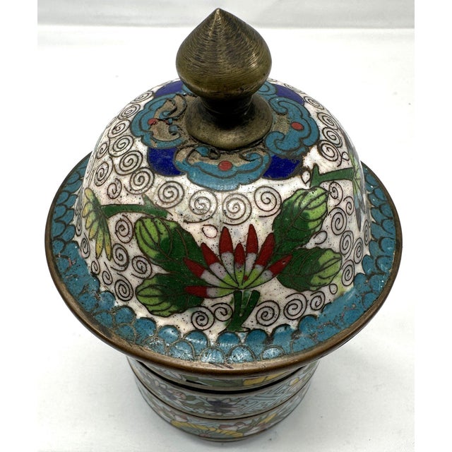 Metal Antique 19th Century Chinese Cloisonné Stacking Box, Late Qing Dynasty, Blue Enamel, Scholar Accessory For Sale - Image 7 of 15