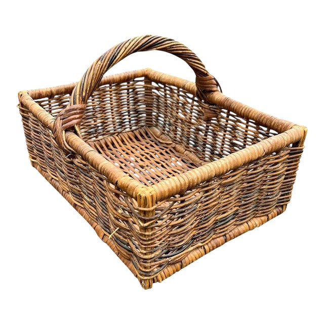 Vintage Woven Rattan Basket With Handle For Sale