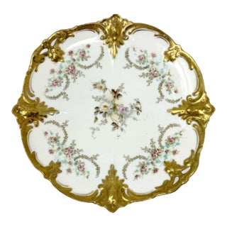 Antique Rs Prussia Cake Plate - Pink Roses & Heavy Gold Molded Openwork Rim For Sale