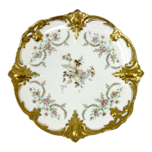 Antique Rs Prussia Cake Plate - Pink Roses & Heavy Gold Molded Openwork Rim