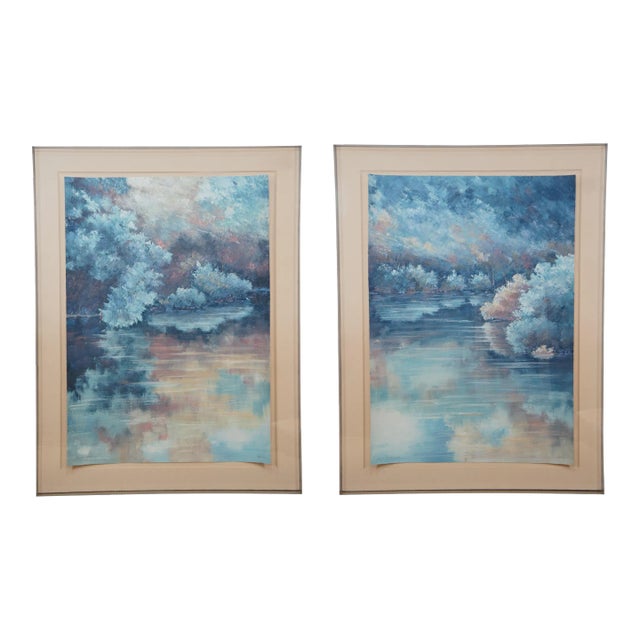 Set of 2 Vintage Watercolor Landscape Watercolor Paintings "Summer Reflections" in Acrylic Shadow Boxes For Sale