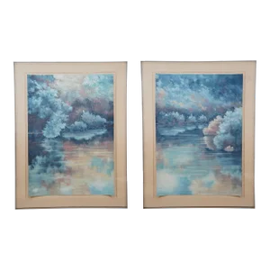 Set of 2 Vintage Watercolor Landscape Watercolor Paintings "Summer Reflections" in Acrylic Shadow Boxes