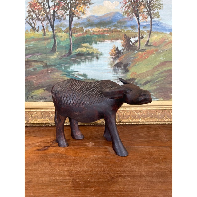 Folk Art Vintage Hand-Carved Wooden Water Buffalo Sculpture With Textured Detailing. For Sale - Image 3 of 8