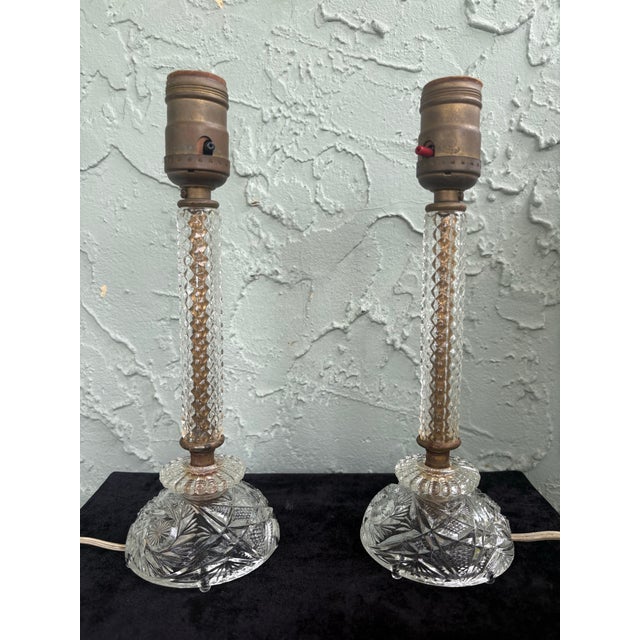 Vintage Cut Crystal Boudoir Table Lamps – Pair With Diamond Point Columns & Eagle Sockets For Sale In Orlando - Image 6 of 11