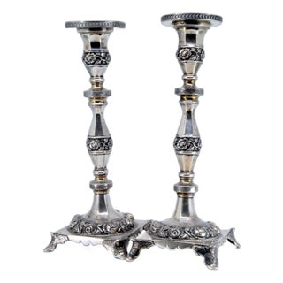 Silver Candlesticks with Turned Stems and Embossed Floral Motifs, Set of 2 For Sale