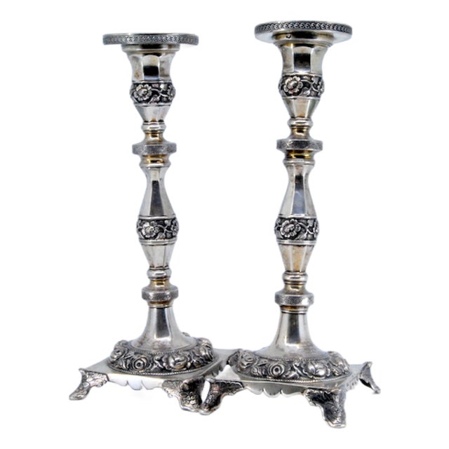 Silver Candlesticks with Turned Stems and Embossed Floral Motifs, Set of 2 For Sale