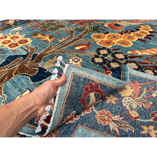 Blue Afghan Pictorial Tree of Life Hand-Knotted Wool Rug - 9'9" X 6'7" For Sale - Image 15 of 17
