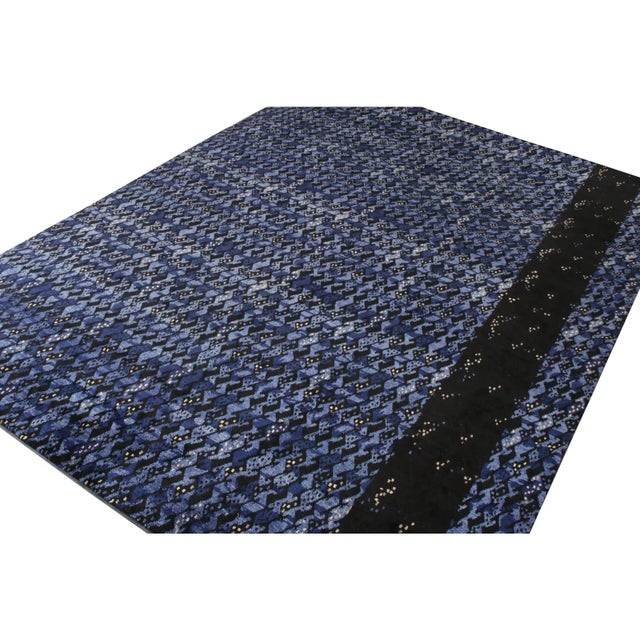 Mid-Century Modern Rug & Kilim’s Scandinavian Style Rug in All Over Blue, Black Geometric Pattern For Sale - Image 3 of 5