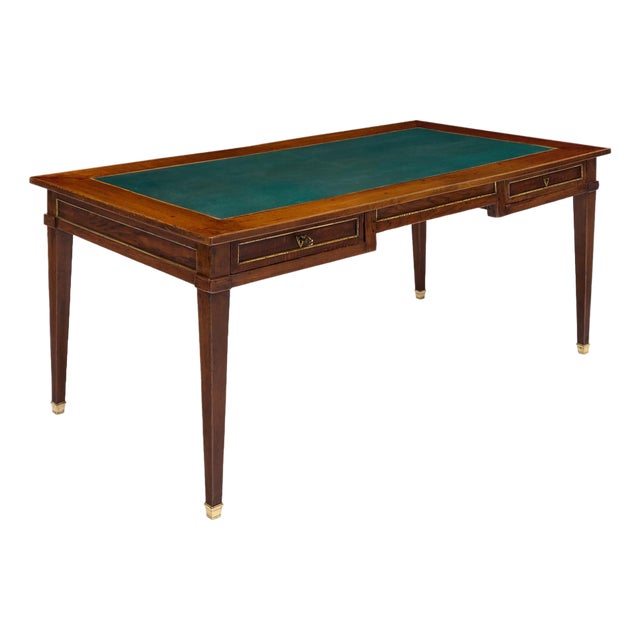 French Louis XVI Provincial Oak "Bureau Plat" With Green Leather Top For Sale