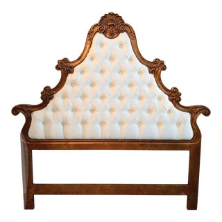 Vintage Hollywood Regency Queen Size Carved Gold Gilt Arched Satin White Tufted Headboard For Sale