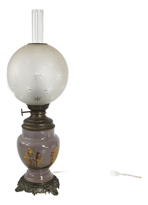 Antique Electrified Ceramic, Bronze and Glass Kerosene Lamp, Late 19th Century