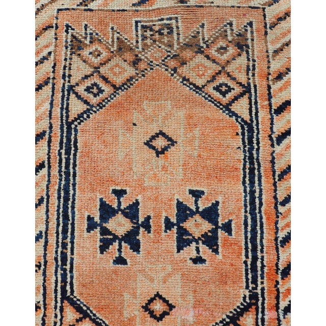 Textile Tribal Medallion Design Vintage Turkish Runner in Orange and Navy Blue For Sale - Image 7 of 12