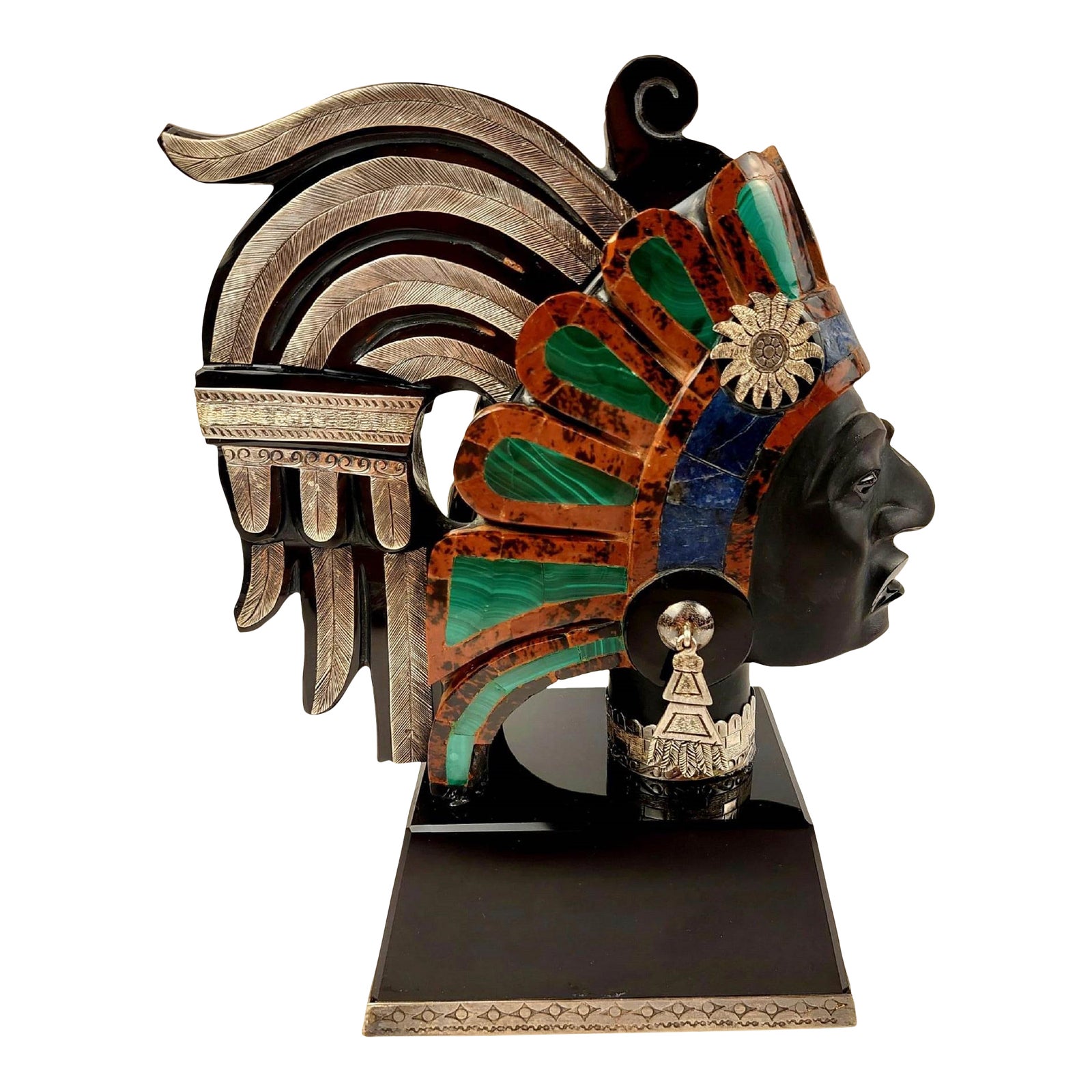 1980s Vintage Myan, Aztec Warrior Statue with Semi Precious Stones