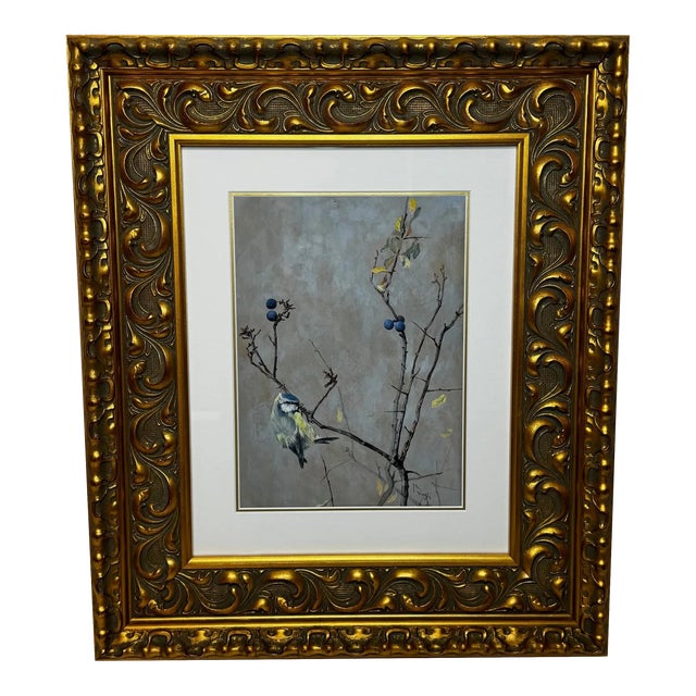 Victorian Watercolour Painting Apple Blossom Eurasian Blue Tit Bird Ornithology by Arthur Wardle For Sale