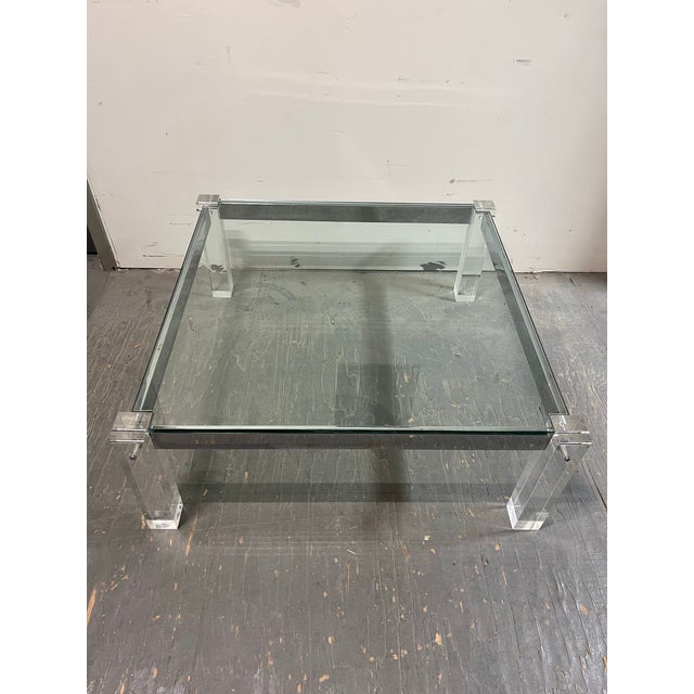 Charles Hollis Jones Lucite Coffee Cocktail Table Lug Peg Chrome Square Hollywood Regency Glass For Sale - Image 4 of 10