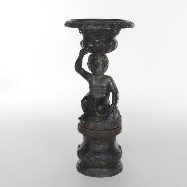 Neoclassical Antique Neoclassical Cast Iron Figural Cherub Garden Urn C1890 For Sale - Image 3 of 10