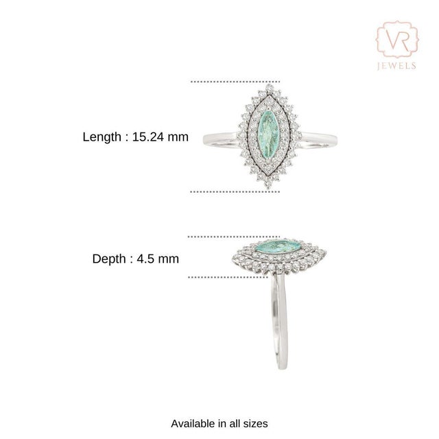 18k Gold Marquise Cut Paraiba Tourmaline Ring With Double Halo Diamonds Size 5 For Sale - Image 12 of 18