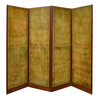 Antique English Leather Four-Panel Room Divider, Early 1900s Decorative Screen For Sale