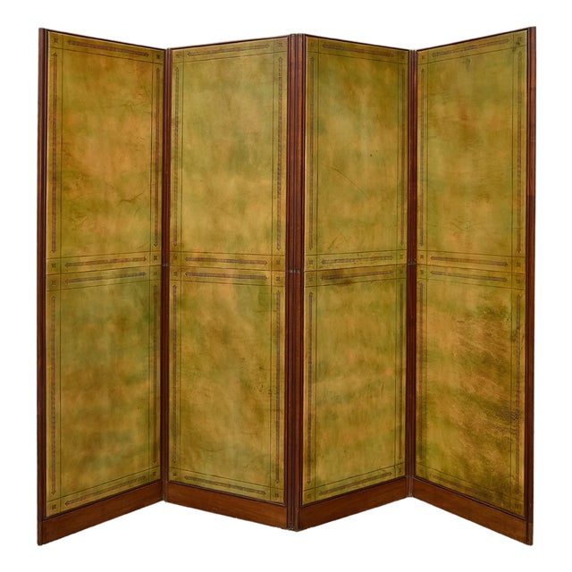 Antique English Leather Four-Panel Room Divider, Early 1900s Decorative Screen For Sale