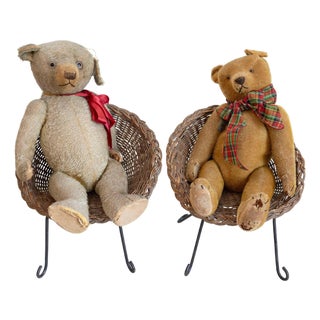 Antique American Teddy Bears with Ribbons Sitting in Wicker Chairs, Priced Each For Sale