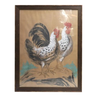 Vintage Watercolor Hand-Painted Gorgeous Portrait of a Chicken Couple, For Sale