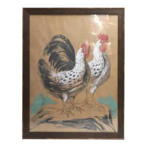 Vintage Watercolor Hand-Painted Gorgeous Portrait of a Chicken Couple,