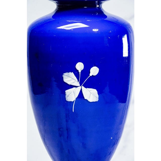 Striking Cobalt Blue and Hand Painted White Dragon Fly Flower Design Antique Victorian Decorative Vase For Sale - Image 13 of 17