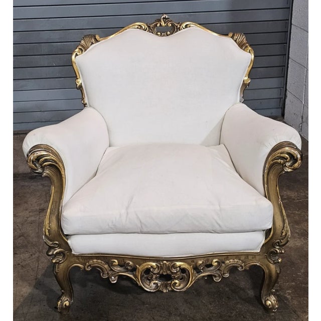 Early 20th Century Early 20th Century Pair Italian Rococo Style Giltwood Armchairs Cream Colored Muslin Fabric For Sale - Image 5 of 11