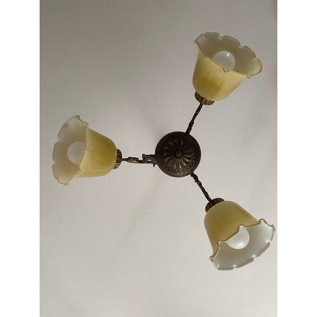 Vintage Art Nouveau Revival Three-Light Chandelier with Opaline Glass Shades, Yugoslavia, 1960s For Sale - Image 11 of 12
