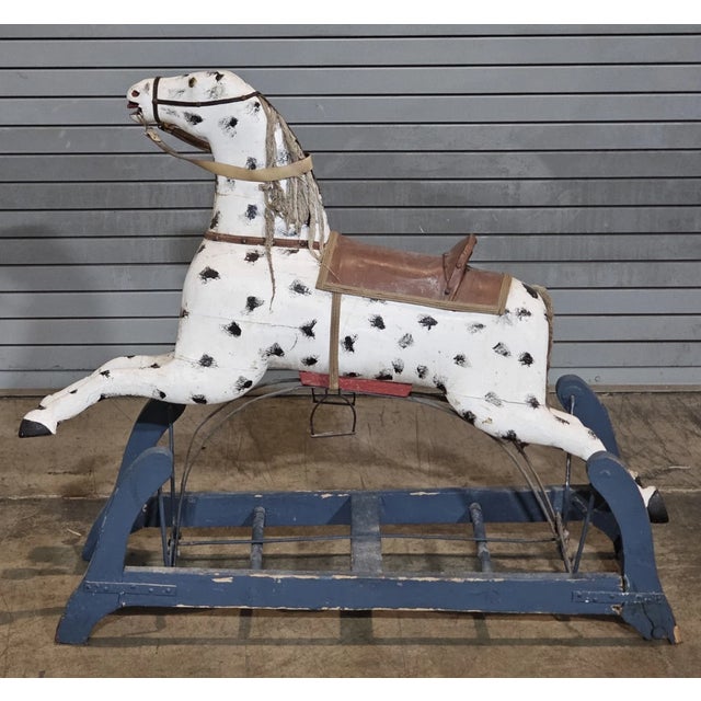 American Antique Primitive Glider Rocking Hobby Horse Dalmation Carved Wood Cast Iron For Sale - Image 3 of 10