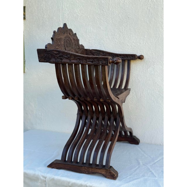 Mediterranean Antique Wood Side Chair: Savonarola Carved Hardwood Antique Chair For Sale - Image 3 of 12