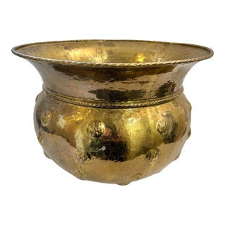 Mid 20th Century Large Chased or Hammered Brass Planter With Tope Trim and Repousse Button Accents For Sale