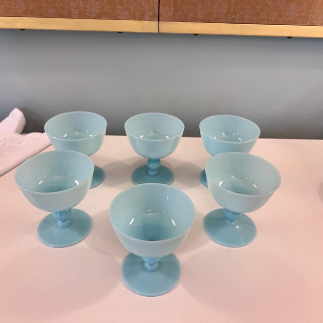 Morgantown Glass 1930s Pretty set of 6 Morgantown Americana Turquoise blue opaline coupes // demi crystal // sherbet / champagne glasses // blue glasses For Sale - Image 4 of 6