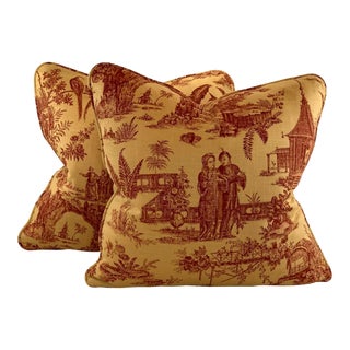 Designer Covington 5th Ave Designs Gold Red "Les Chinois" Asian Chinoiserie Oriental French Country Toile Pillow Covers- 22" Pair For Sale