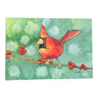 “Cardinal on a Winter Branch” Signed Original Watercolor by Nancy Smith For Sale