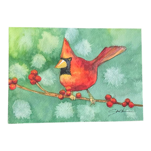 “Cardinal on a Winter Branch” Signed Original Watercolor by Nancy Smith For Sale