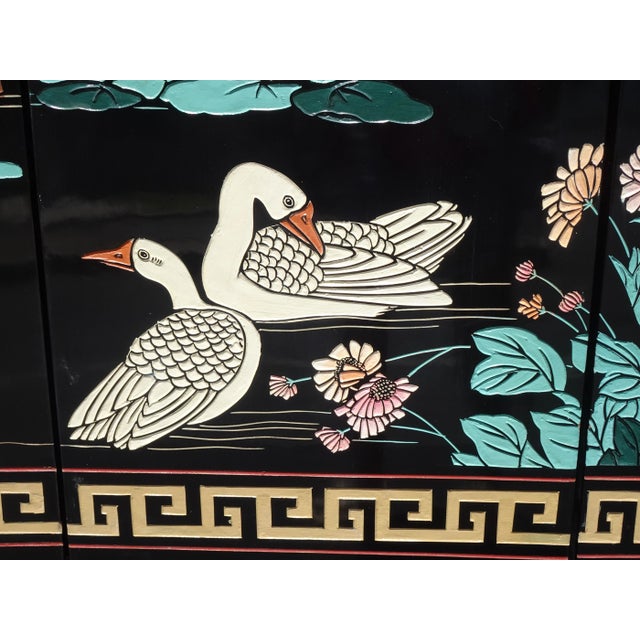 Black Vintage Oriental Asian Blue Coromandel Four Panel Screen Room Divider W Swans #2 For Sale - Image 8 of 12