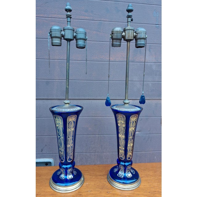Pair Continental Parcel Gilt Cobalt Glass Vases Mounted as Lamps, Circa 1880s For Sale - Image 4 of 13