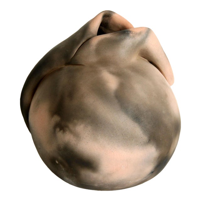 1980's Studio Art Pottery Bulbous Unglazed Raku Sculptural Vase For Sale