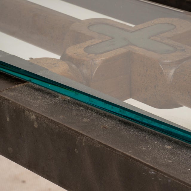 Vintage Brutalist Iron, Brass & Wood Console Table W/ Thick Beveled Glass Insert For Sale - Image 18 of 18