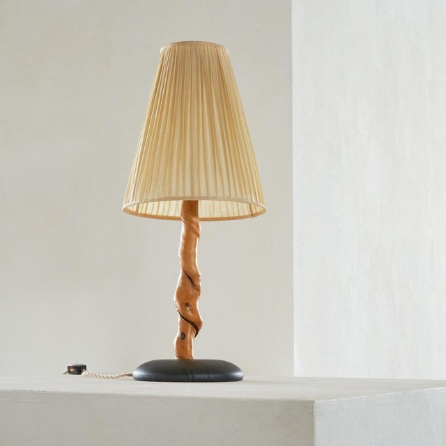 Tree Trunk Table Lamp in Acacia, Oak and Linen, 1950s For Sale - Image 3 of 11