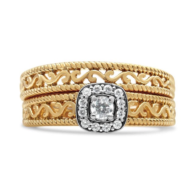 14K Yellow Gold Plated .925 Sterling Silver 1/5 Cttw Diamond Halo and Milgrain Finish Engagement Ring Bridal Set (I-J Color I3 Clarity) - Size 10 For Sale - Image 4 of 6