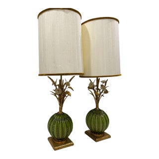 Mid 20th Century Italian Murano Green & Gold Glass Floral Table Lamps - A Pair For Sale
