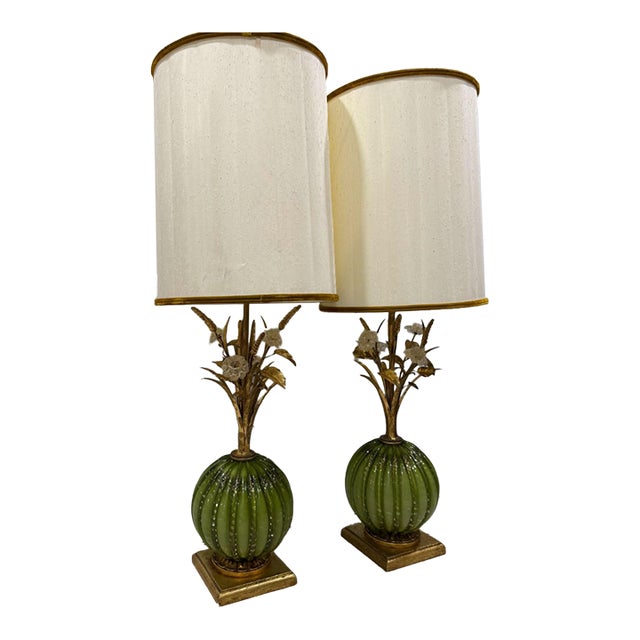 Mid 20th Century Italian Murano Green & Gold Glass Floral Table Lamps - A Pair For Sale